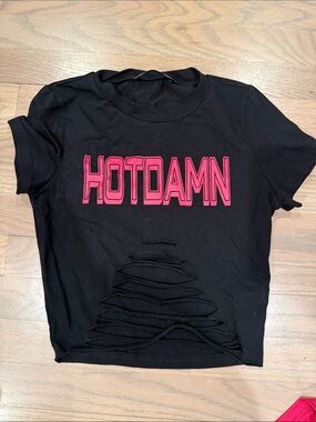 SHEIN Black Crop Tee with Pink HOTDAMN Graphic